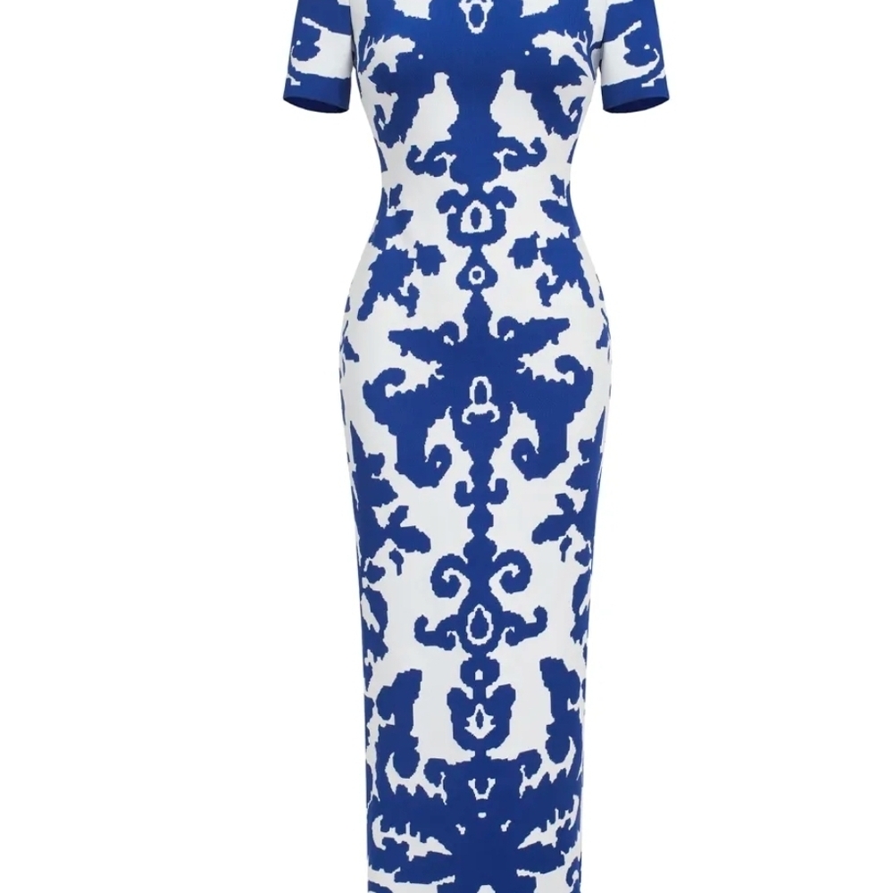Elegant Blue and White Patterned Maxi Dress